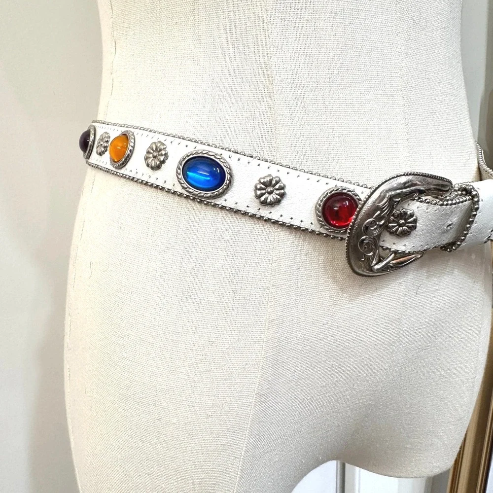 Vintage 80s Jeweled Cabochon Genuine Leather Belt M/L White Multicolor Festival